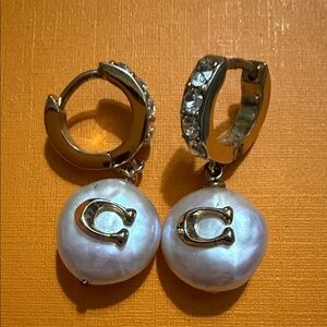 Coach Gold Diamond Mother of Pearl Dangling Earrings